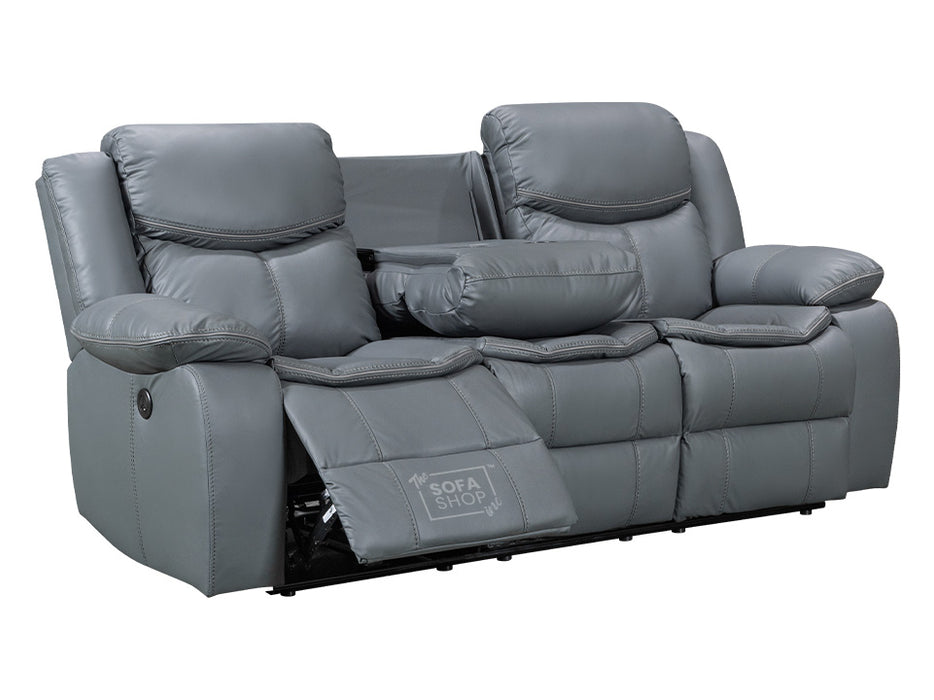 3 2 Electric Recliner Sofa Set. 2 Piece Recliner Sofa Package Suite in Grey Leather With USB Ports & Drink Holders & Storage Boxes- Highgate