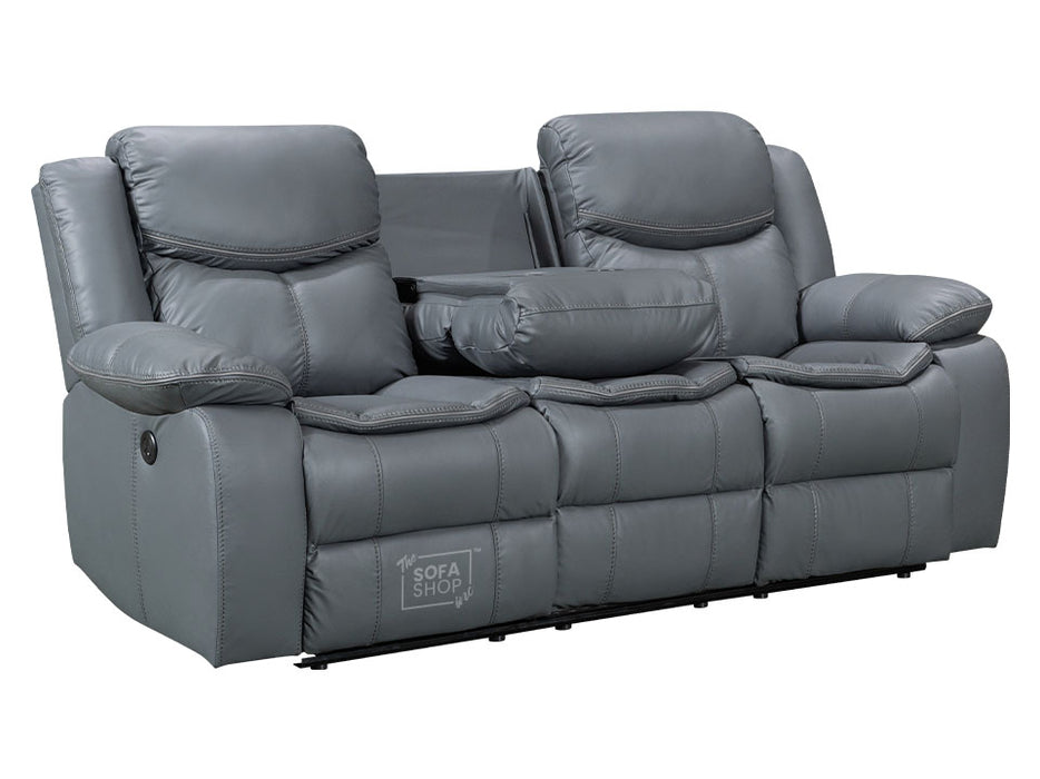 3 2 Electric Recliner Sofa Set. 2 Piece Recliner Sofa Package Suite in Grey Leather With USB Ports & Drink Holders & Storage Boxes- Highgate