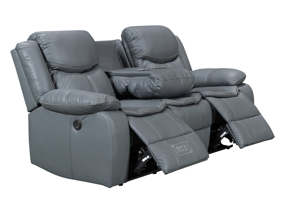 3 2 1 Electric Recliner Sofa Set. 3 Piece Recliner Sofa Package Suite in Grey Leather With USB Ports & Drink Holders & Storage Boxes- Highgate