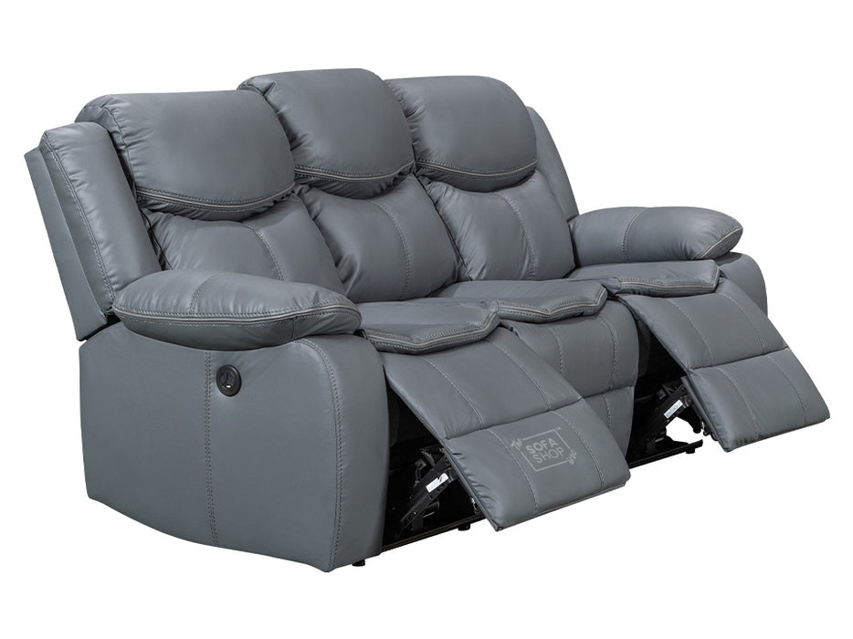 3 Seater Electric Recliner Sofa in Grey Leather with USB Port, Drop-Down Table & Cup Holders - Highgate