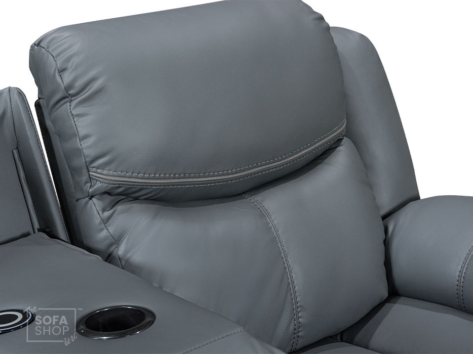 3 Seater Electric Recliner Sofa in Grey Leather with USB Port, Drop-Down Table & Cup Holders - Highgate