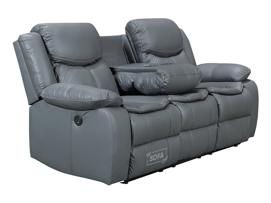 3+1 Electric Recliner Sofa Set inc. Chair in Grey Leather with Drop-Down Table & Cup Holders & Wireless Charger - 2 Piece Highgate Power Sofa Set