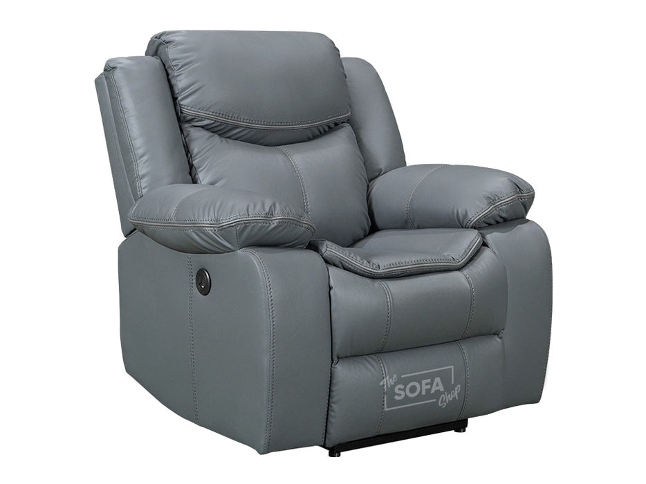 3+1 Electric Recliner Sofa Set inc. Chair in Grey Leather with Drop-Down Table & Cup Holders & Wireless Charger - 2 Piece Highgate Power Sofa Set