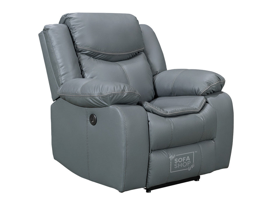 3 2 1 Electric Recliner Sofa Set. 3 Piece Recliner Sofa Package Suite in Grey Leather With USB Ports & Drink Holders & Storage Boxes- Highgate