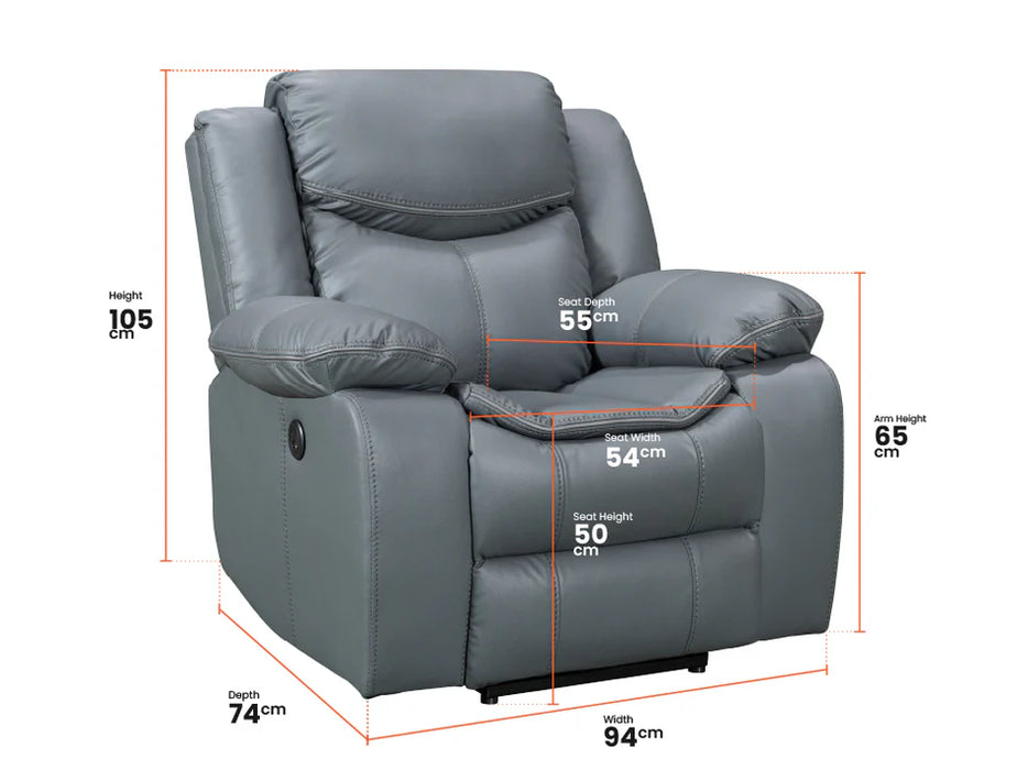 3 2 1 Electric Recliner Sofa Set. 3 Piece Recliner Sofa Package Suite in Grey Leather With USB Ports & Drink Holders & Storage Boxes- Highgate