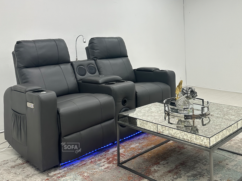 Modena 2 Seater Hi-Tech Cinema Sofa Electric Smart Recliner in Grey Leather with Console, USB, Tables, Massage & Wireless Charger -  Second Hand Sofas