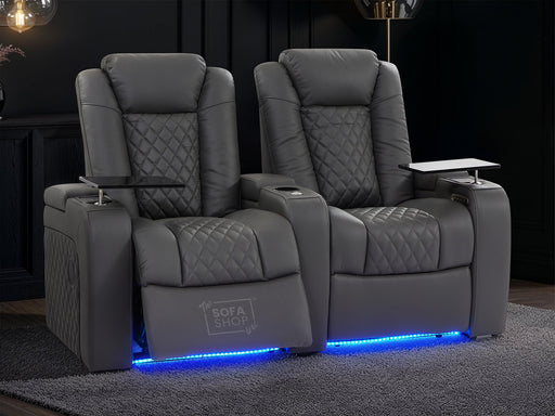 2 Seat Electric Recliner Home Cinema Theatre Sofa | Genuine Leather Couch in Grey + Chilled Cupholders + Console + Power + Usb + Table |  Milano | The Sofa Shop