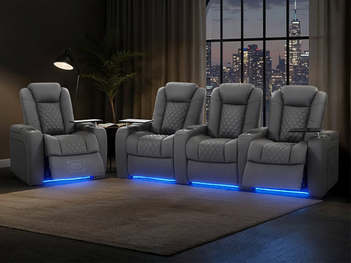 3+1 Piece Electric Home Cinema Theatre Sofa Set | Genuine Leather Couch Suite Package In Grey + Chilled Cupholders + Console + Power Lumbar + Table | Milano | Sofa Shop