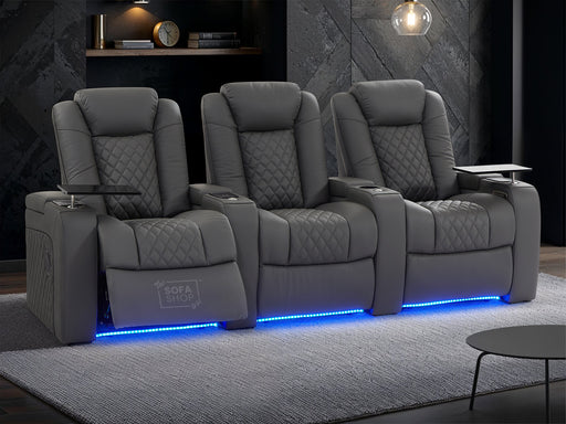 3 Seat Electric Recliner Home Cinema Theatre Sofa |  Genuine Leather Couch In Grey +  Chilled Cupholders + Console + Table + Power + USB + Power Lumbar |  Milano |  The Sofa Shop