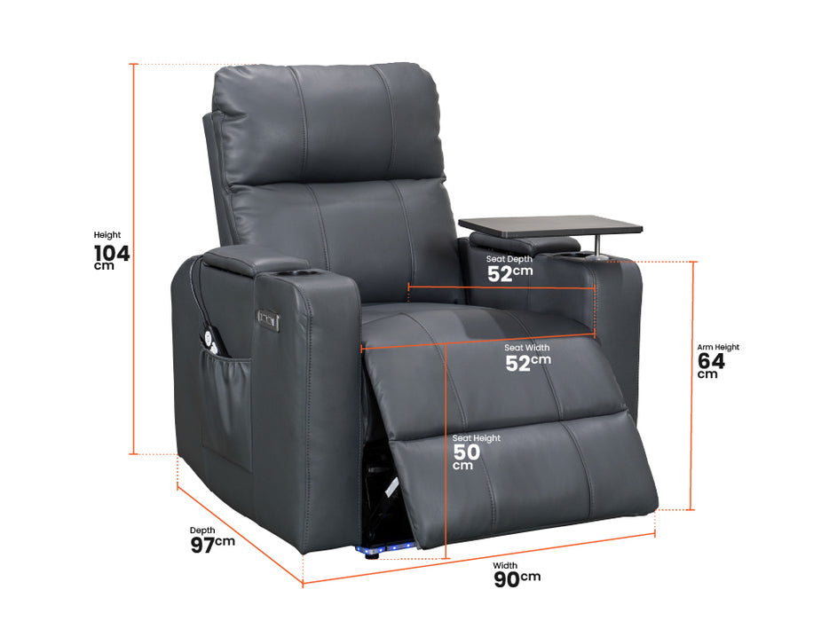 Electric Recliner Chair & Cinema Seat in Grey Leather With USB & Cup Holders & Massage - Modena