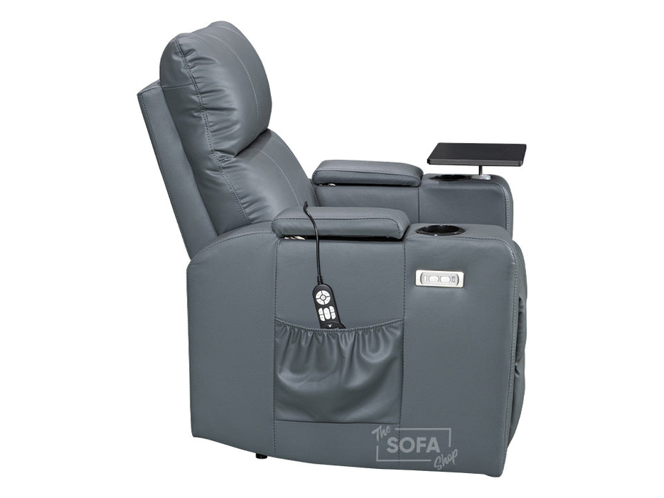 Electric Recliner Chair & Cinema Seat in Grey Leather With USB & Cup Holders & Massage - Modena