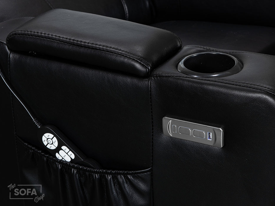 Electric Recliner Chair & Cinema Seat in Black Leather With USB & Cup Holders & Table - Modena
