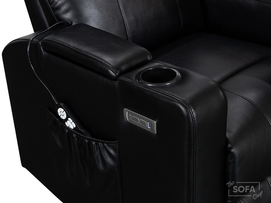 Electric Recliner Chair & Cinema Seat in Black Leather With USB & Cup Holders & Table - Modena