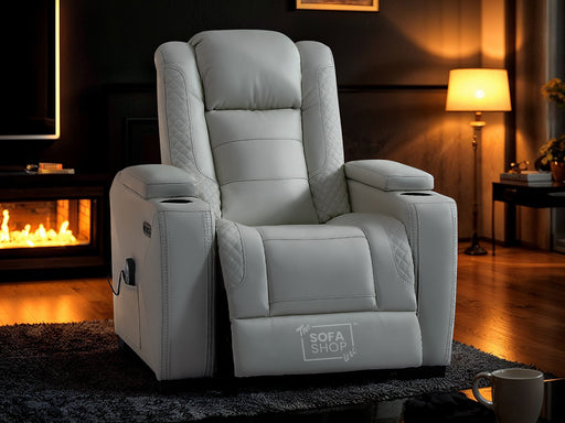 Genuine Leather Chair with Power Headrest, USB Ports, Electric Reclining & Massage Seat | White Leather Recliner | Napoli | The Sofa Shop