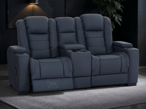 2 Seater Genuine Leather Sofa with Cup Holders, LED Reading Light, Power Recliner, USB Ports, Bluetooth Speaker, Socket Set & Storage Box | Blue Leather | Napoli | The Sofa Shop