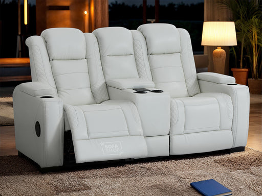 2 Seater Electric Recliner Sofa with Cooler Cupholders, USB, Bluetooth, Wireless Charging & Console | White Genuine Leather | Napoli | Sofa Shop