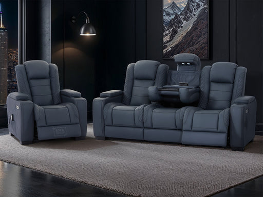 3+1 Seater Genuine Leather Sofa Set with Drop-Down Table, Cup Holders, LED Reading Light, Power Recliner, USB Ports, Bluetooth Speaker, Socket Set & Storage | Blue Leather | Napoli | The Sofa Shop