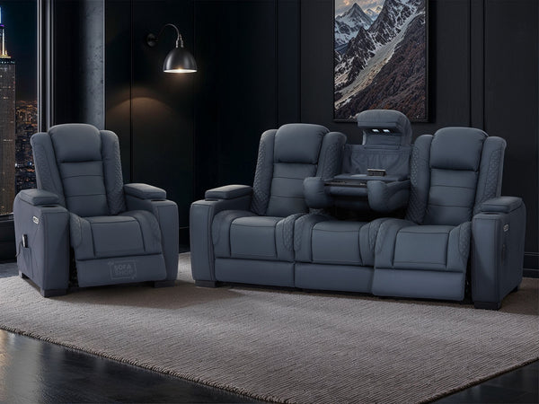 3+1 Seater Real Leather Sofa Set with Drop-Down Table, Cup Holders, LED Reading Light, Power Recliner, USB Ports, Bluetooth Speaker, Socket Set & Storage | Blue Leather | Napoli | The Sofa Shop