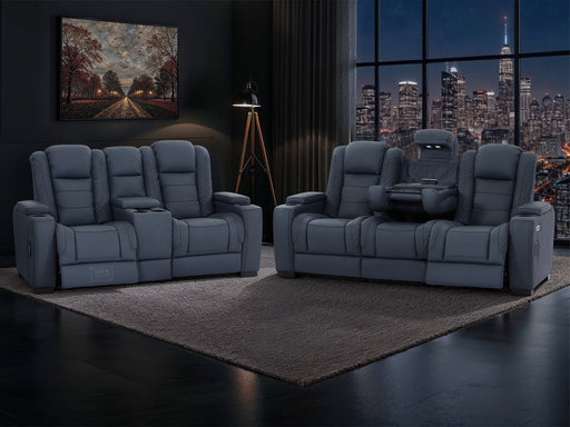 3+2 Seater Genuine Leather Sofa Package with Drop-Down Table, Cup Holders, LED Reading Light, Power Recliner, USB Ports, Bluetooth Speaker, Socket Set & Storage | Blue Leather | Napoli | The Sofa Shop