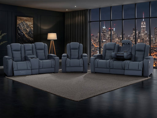 3+2+1 Seater Genuine Leather Sofa with Drop-Down Table, Cup Holders, LED Reading Light, Power Recliner, USB Ports, Bluetooth Speaker, Socket Set & Storage | Blue Leather | Napoli | The Sofa Shop