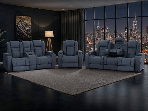 3+2+1 Seater Real Leather Sofa with Drop-Down Table, Cup Holders, LED Reading Light, Power Recliner, USB Ports, Bluetooth Speaker, Socket Set & Storage | Blue Leather | Napoli | The Sofa Shop