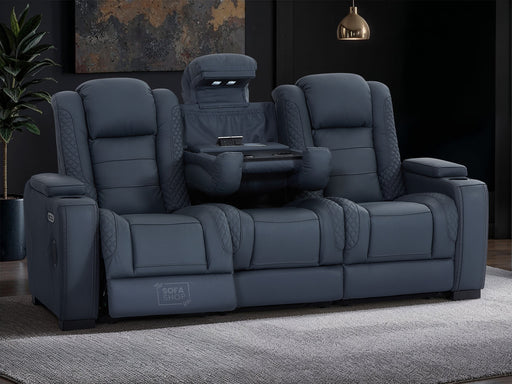 3 Seater Real Leather Sofa with Drop-Down Table, Cup Holders, LED Reading Light, Power Recliner, USB Ports, Bluetooth Speaker, Socket Set & Storage Box | Blue Leather | Napoli | The Sofa Shop