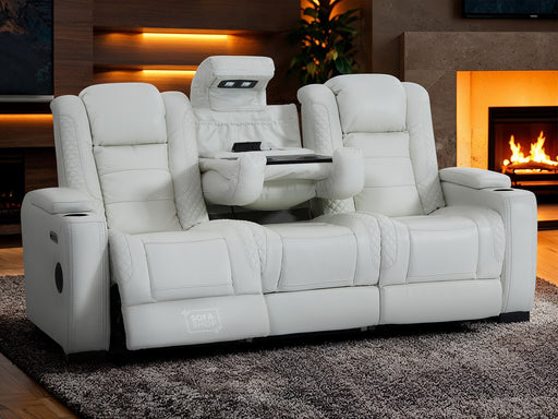 3 Seater Electric Recliner Sofa with Fold-Down Table, USB, Bluetooth Speaker, Storage & Cupholders | White Genuine Leather | Napoli | The Sofa Shop