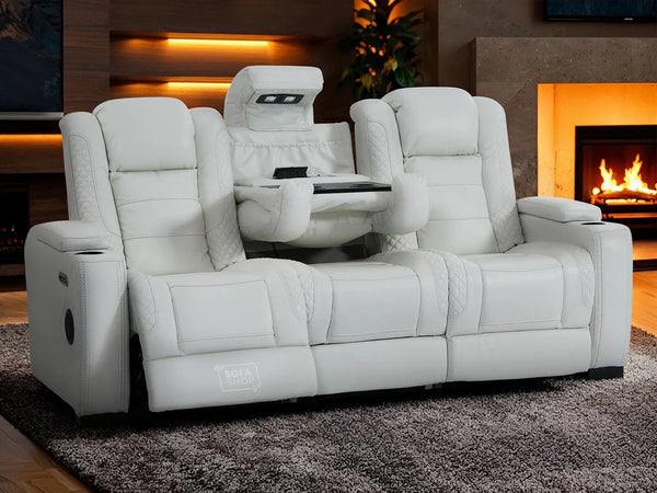 3 Seater Real Leather Electric Recliner Sofa with Fold-Down Table, Bluetooth Speakers, USB, Storage & Cupholders | White Genuine Leather | Napoli Series One