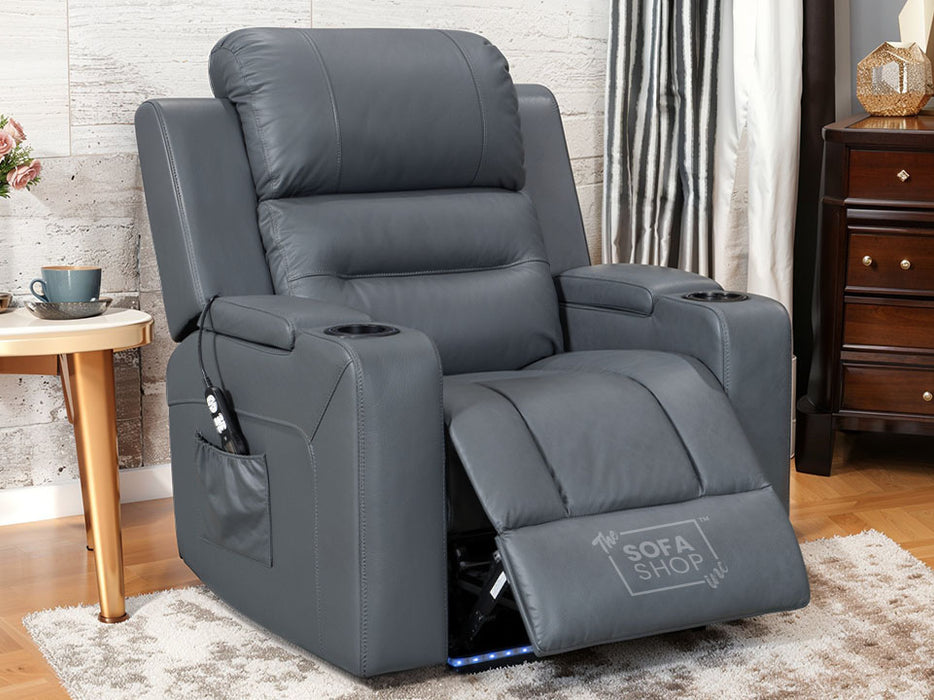 Electric Recliner Chair & Cinema Seat in Grey Leather- Massage + Power Headrest + USB - Siena