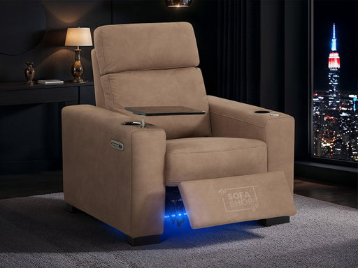 Fabric Armchair with Electric Reclining, Power Recliner, Cup Holders, Lumbar Support, USB Charging & Black Tray Table | Tan Fabric | Palmero | Sofa Shop