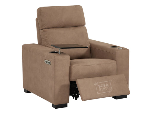 Fabric Armchair with Electric Reclining, Power Recliner, Cup Holders, Lumbar Support, USB Charging & Black Tray Table | Tan Fabric | Palmero | Sofa Shop