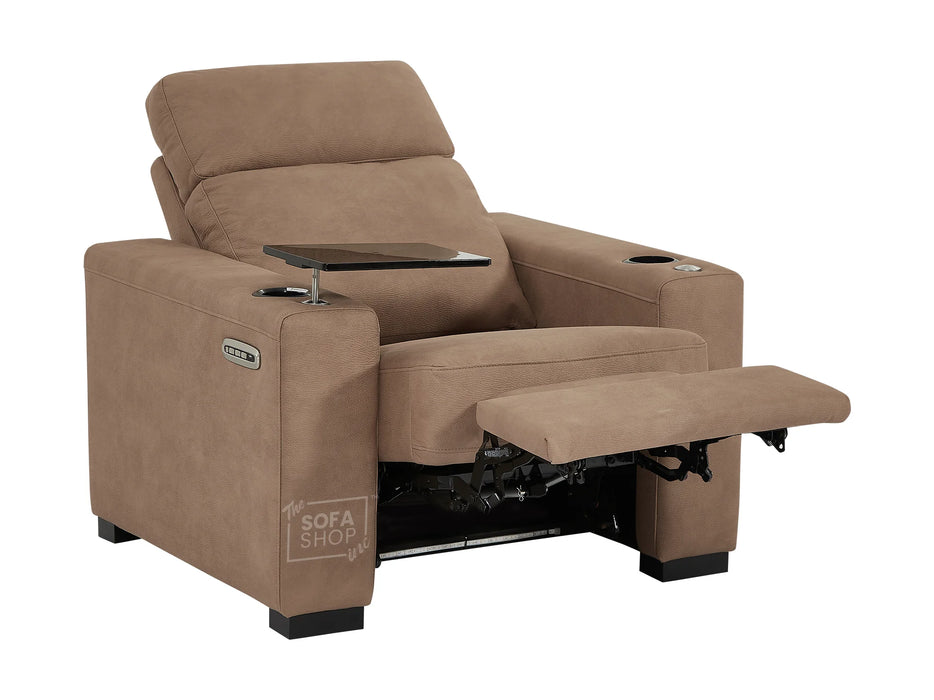 3+1 Fabric Sofa Set with Electric Reclining, 2 Piece Home Cinema Sofa Package Suite in Tan Fabric Sofa, Cup Holders & Storage Box, LED Lights | Palmero | The Sofa Shop