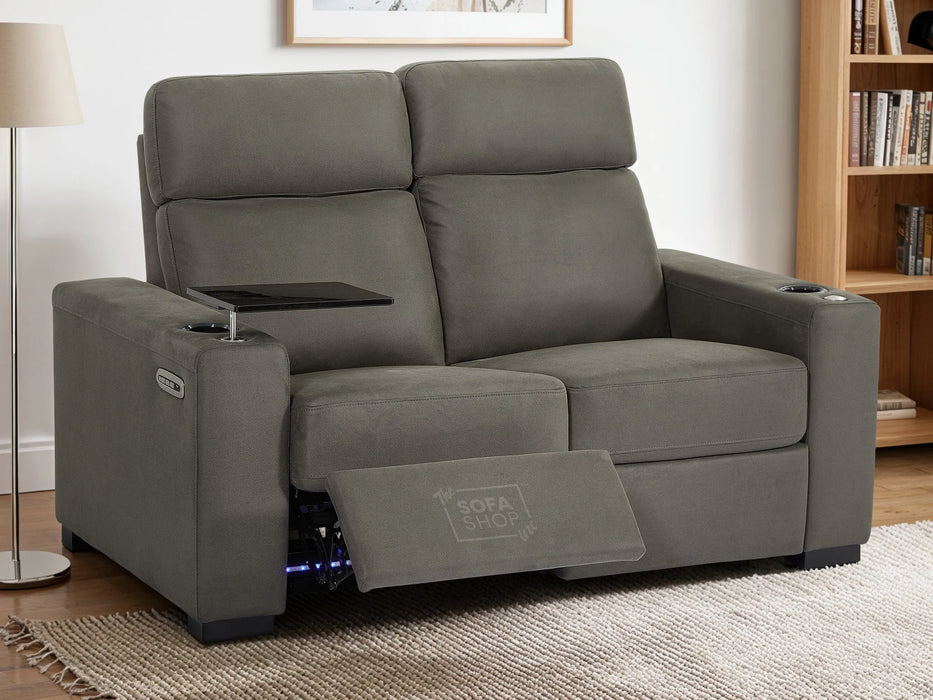 2 Seater Fabric Sofa with Electric Reclining, USB Port, Power Recliner, Lumbar Support, Tray Table & Cup Holders | Grey Fabric | Palmero | Sofa Shop