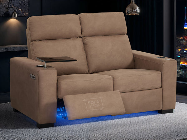 2 Seater Fabric Sofa with Electric Reclining, Lumbar Support, USB Ports, Cup Holders & Tray Table, Tan Fabric Sofa for Unmatched Relaxation | Palmero | The Sofa Shop