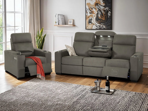 3+1 Electric Recliner Sofa Set. Two Piece Sofa Package in Grey Fabric + Table + USB + Wireless Charger + USB Ports + Cup Holders | Palmero | The Sofa Shop