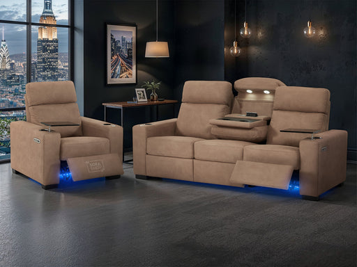 3+1 Fabric Sofa Set with Electric Reclining, 2 Piece Home Cinema Sofa Package Suite in Tan Fabric Sofa, Cup Holders & Storage Box, LED Lights | Palmero | The Sofa Shop