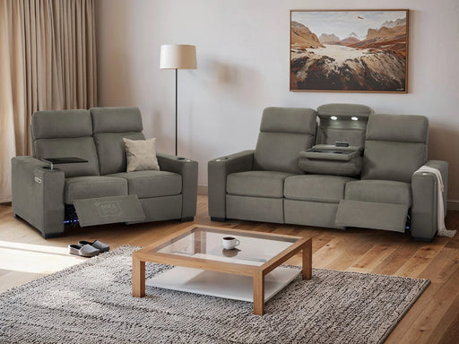 3+2 Sofa Suite. Electric Recliner Two-Piece Sofa Package in Grey Fabric | USBc, Plugs Socket, Table with Cup Holders & Lumbar Support | Palmero | The Sofa Shop