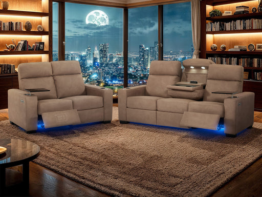 3 2 Fabric Sofa Package with Electric Reclining, USB Ports, Cup Holders & Storage Box, LED Lights, Drop Down Table, Tan Fabric Sofas for Ultimate Relaxation | Palmero | The Sofa Shop