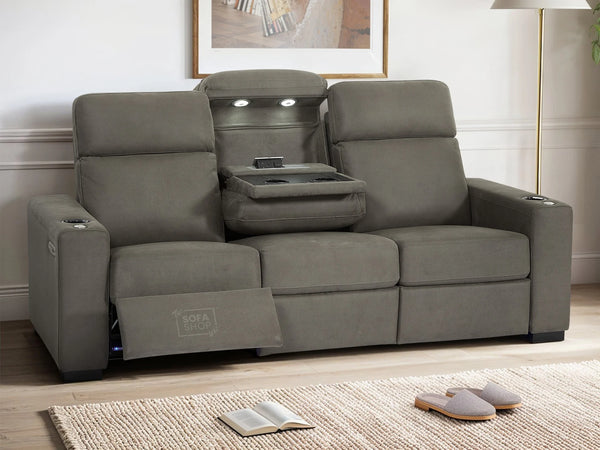 3 Seater Electric Recliner Sofa with Drop-Down Table, Reading Light, Lumbar Support, USB Port, Socket Set, Power Recliner & Cup Holder | Grey Fabric | Palmero | Sofa Shop