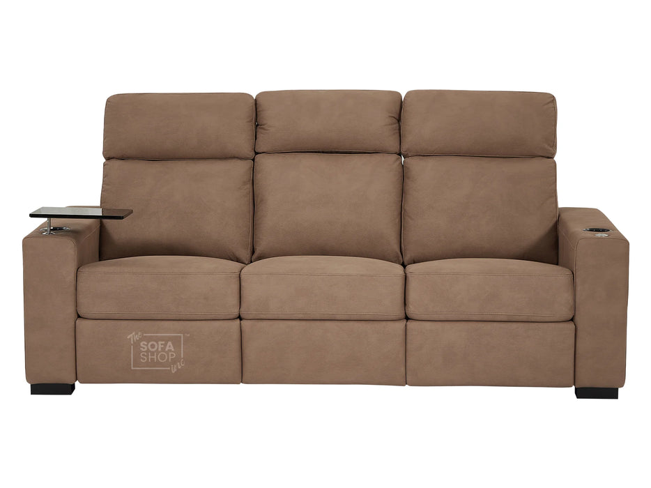 3 2 Fabric Sofa Package with Electric Reclining, USB Ports, Cup Holders & Storage Box, LED Lights, Drop Down Table, Tan Fabric Sofas for Ultimate Relaxation | Palmero | The Sofa Shop