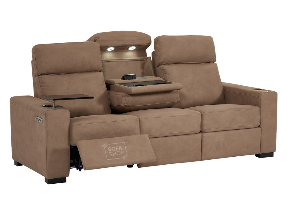 3+1 Fabric Sofa Set with Electric Reclining, 2 Piece Home Cinema Sofa Package Suite in Tan Fabric Sofa, Cup Holders & Storage Box, LED Lights | Palmero | The Sofa Shop