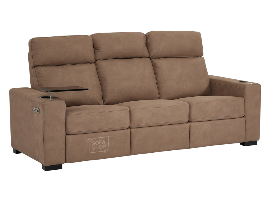 3 Seater Electric Recliner Sofa with Drop Down Table, USB Ports, Lumbar Support, Cup Holders & Reading Lights, Tan Fabric Sofa for Ultimate Comfort | Palmero | The Sofa Shop