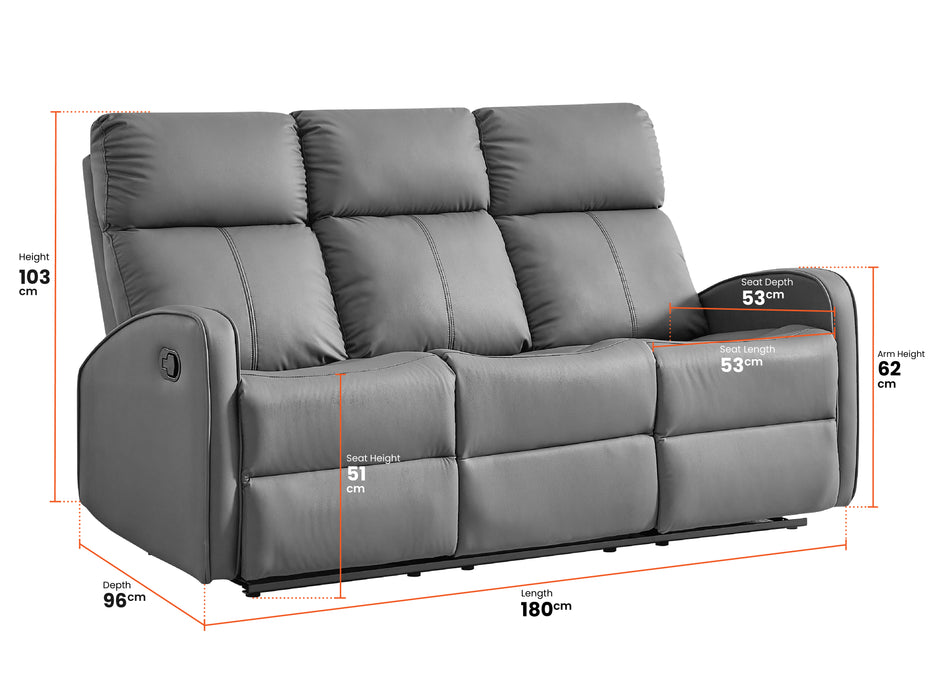 3 Seater Recliner Sofa in Grey Leather with Drop-Down Table & Cup Holders - Parma