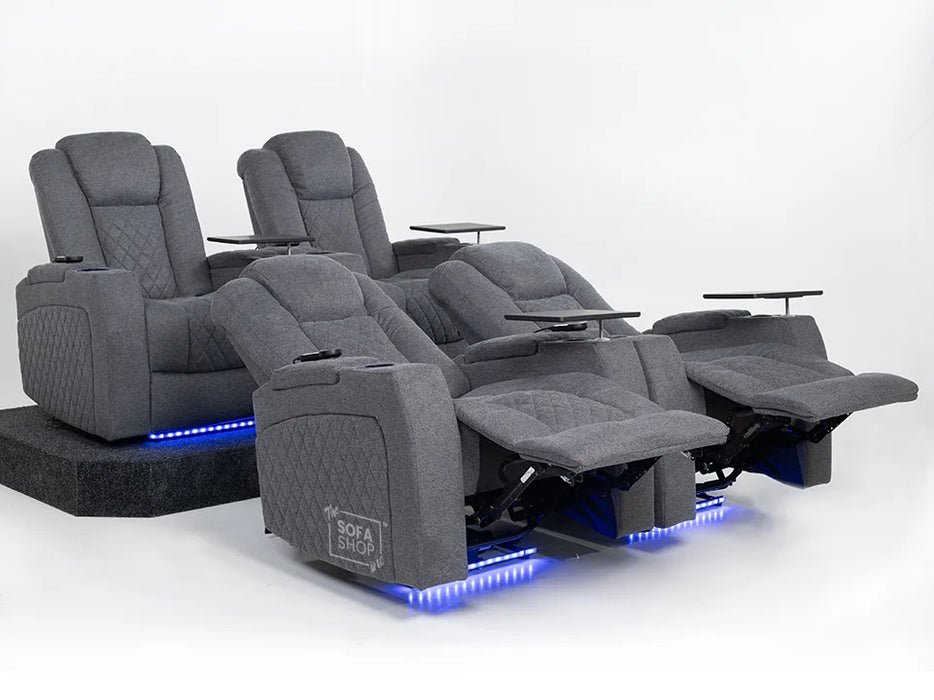 Set of 4 Electric Home Cinema Seats in Grey Woven Fabric, With Recliner, Massage Seats, Removable Table, USB, Lights, Storage Arms, Chilled Cupholders - Pavia