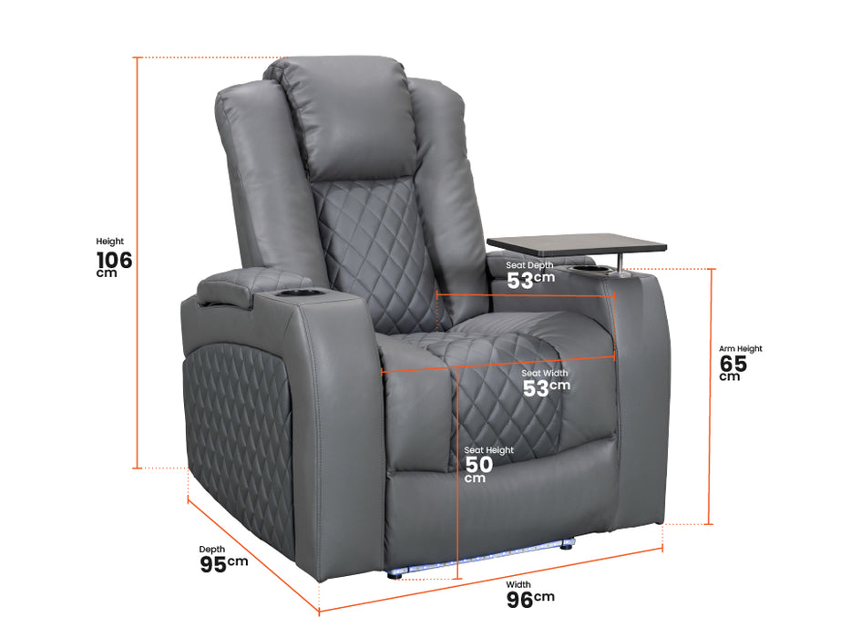 Row of 4 Electric Home Cinema Seats in Grey Leather Aire, With Recliner, Massage Seats, Removable Table, USB, Lights, Storage Arms, Chilled Cupholders - Pavia