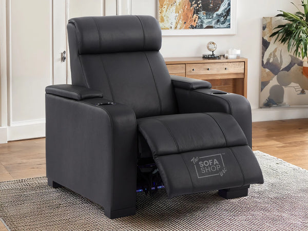 Electric Recliner Chair & Cinema Seat in Black Real Leather with USB, LED Lights and Chilled Cupholders - Rimini