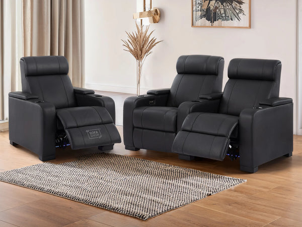 2+1 Seater Electric Recliner Sofa Set & Cinema Seats in Black Real Leather With Chilled Cupholders & Storage Boxes - Rimini