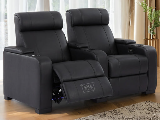 2 Seat Electric Recliner Home Cinema Theatre Sofa | Genuine Leather Couch in Black + Cupholders + Console + Power + USB + LED Lights | Rimini | The Sofa Shop