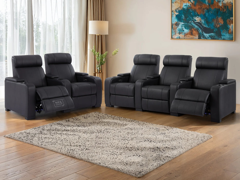 3 2 Electric Recliner Sofa Set in Black Real Leather 2 Piece Cinema Sofa with USB Ports, Chilled Cupholders & Storage Boxes - Rimini