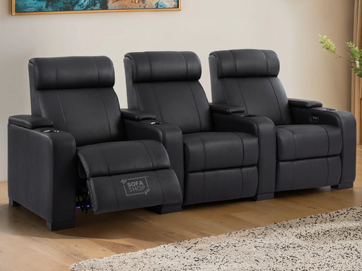 3 Seat Electric Recliner Home Cinema Theatre Sofa | Genuine Leather Couch in Black + Cupholders + Console + Power + USB + LED Lights | Rimini | The Sofa Shop